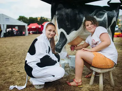 Konkurs dojenia sztucznej krowy - Park Atrakcji Country Zagroda - Organizacja Imprez, Pikników, Festynów